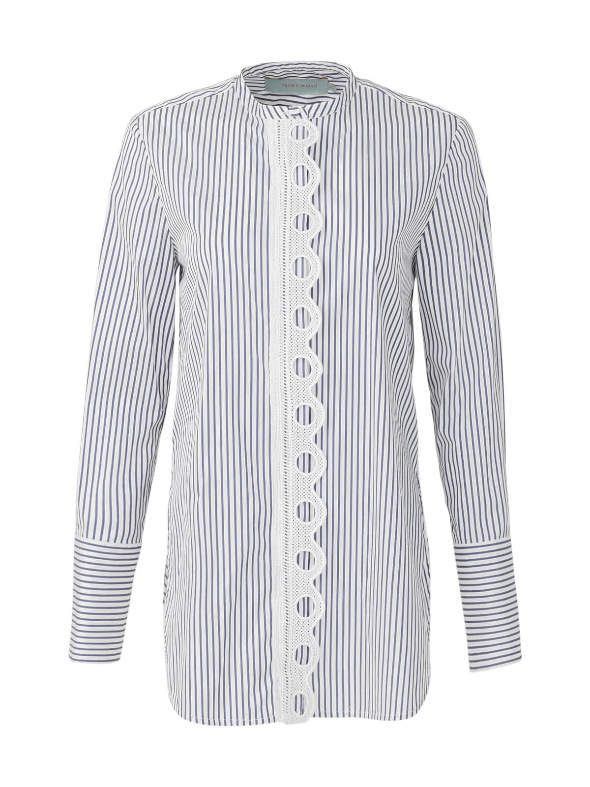 The Cubillos Shirt is a long-sleeved, navy striped piece featuring a Nehru collar and delicate scalloped lace trim down the front.